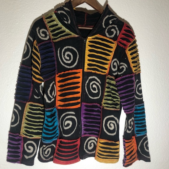None Jackets & Blazers - Custom patchwork hippie fairycore hoodie pointed hood bell sleeve handmade